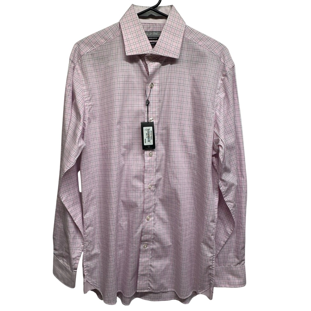 Report‎ Collection Mens Dress Shirt Pink Plaid Slim Fit L 16 34/35